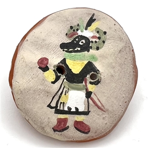 Handmade Native American pottery button of a Black Ogre Kachina.