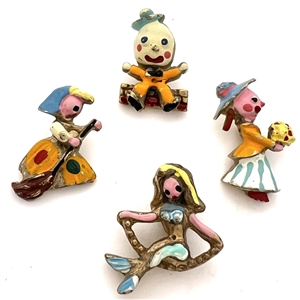 Four vintage painted metal nursery rhyme characters.