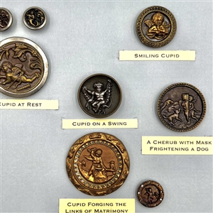 Card of eleven cupids, cherubs, and angel buttons. 