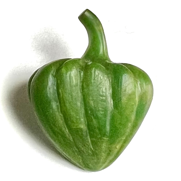 Carved Bakelite studio button of a green pepper by Beau.