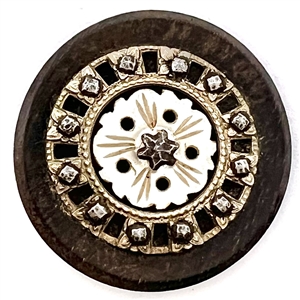 Div I  - wood button with 4 materials and steel star pin shank. 