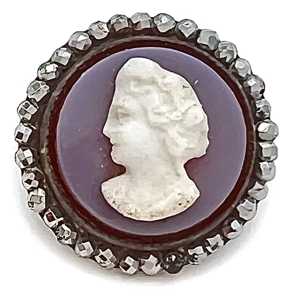 Sheet overlay - red/pink glass with white sheet overlay and womens head cameo button.