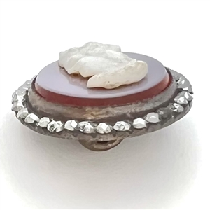Sheet overlay - red/pink glass with white sheet overlay and women's head cameo button.