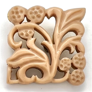 Carved and pierced Vintage casein button of plant life with metal back.
