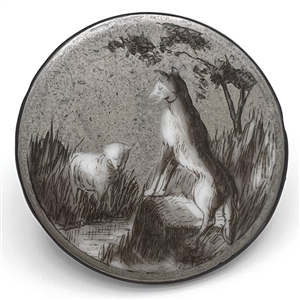 SCARCE monochrome painted porcelain button of “The Wolf and the Lamb."