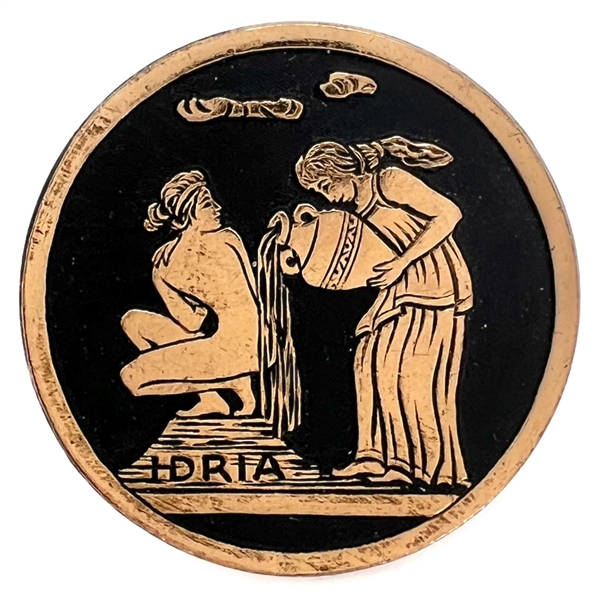 Greek Mythological aluminum button of Queen Nymph Eidyia being bathed.
