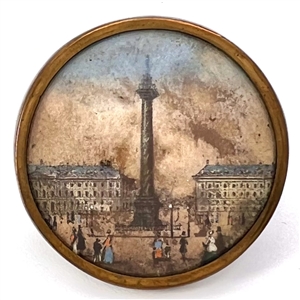 An 18th c. painting under glass of the Vendôme column (?) Paris, France.