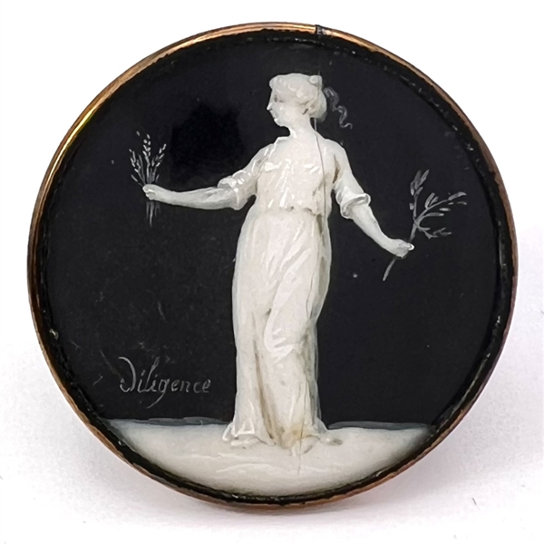 An 18th c. painting on natural material under glass set in metal button of Greek Goddess Hera (?)