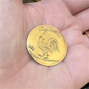 An 18th c. Flat engraved and gilded brass button of a rooster and “Vigilance. 