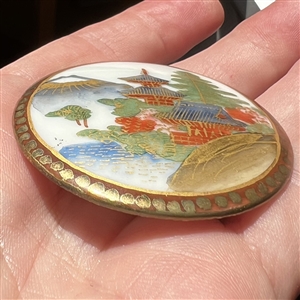 HUGE Kutani Japanese porcelain button of pagodas in Mt. Fuji scene.