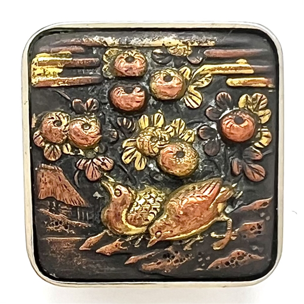 Shakudo modified square button of two partridges and plant life.. 