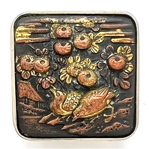 Shakudo modified square button of two partridges and plant life.. 