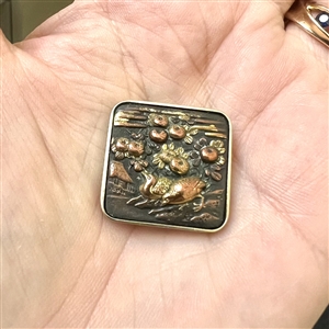 Shakudo modified square button of two partridges and plant life.. 