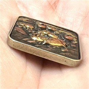 Shakudo modified square button of two partridges and plant life.. 