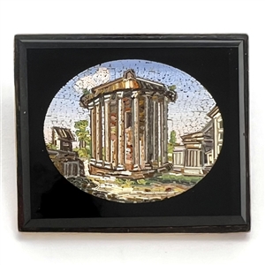 Large square Italian micro mosaic of Greek temple. 
