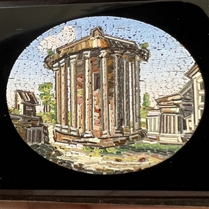 Large square Italian micro mosaic of Greek temple. 
