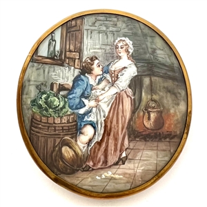 Huge naughty painting of a man and woman interacting in a kitchen.