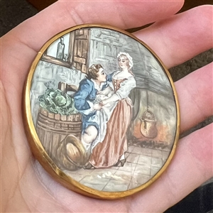 Huge naughty painting of a man and woman interacting in a kitchen.