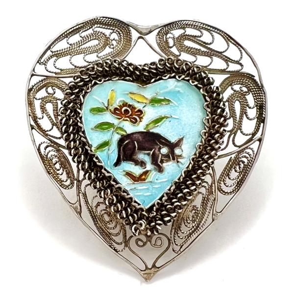 Adorable enamel cat and plant life set in silver (?) filigree heart.
