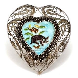 Adorable enamel cat and plant life set in silver (?) filigree heart.
