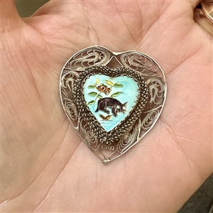 Adorable enamel cat and plant life set in silver (?) filigree heart.
