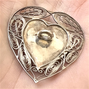 Adorable enamel cat and plant life set in silver (?) filigree heart.