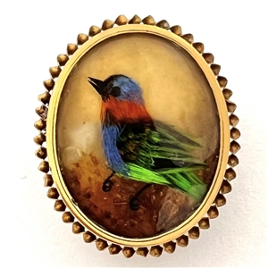 Bird button with real bird feathers over pearl under glass set in metal. 