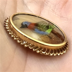 Bird button with real bird feathers over pearl under glass set in metal. 