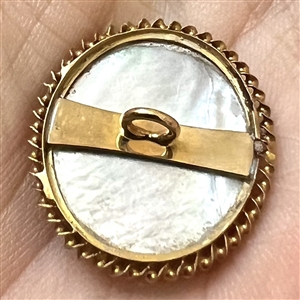 Bird button with real bird feathers over pearl under glass set in metal. 