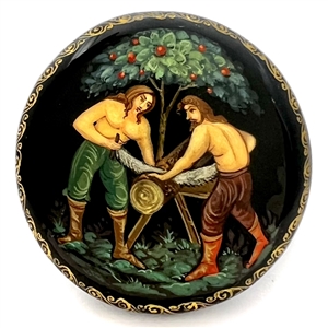 Russian lacquer button of two men sawing - NBS show favor button 2004.
