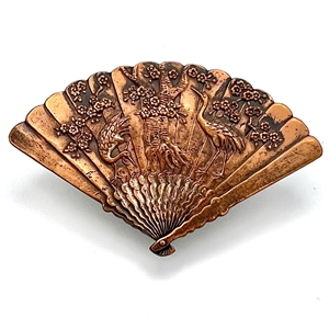 RARE large Japanese metal work of a realistic folding fan decorated with cranes.