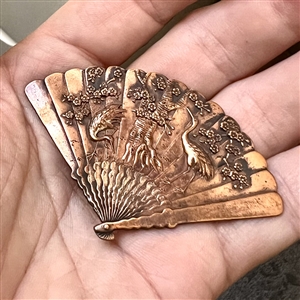 RARE large Japanese metal work of a realistic folding fan decorated with cranes.
