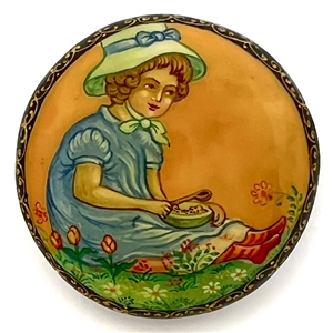 Russian lacquer button of the Little Miss Muffet.