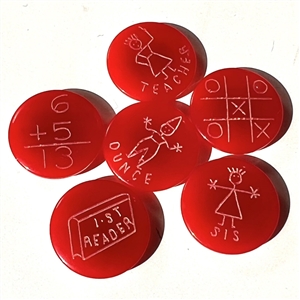 Set of six “School Days" red Bakelite buttons.