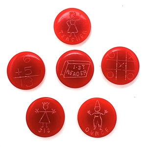 Set of six “School Days red Bakelite buttons.