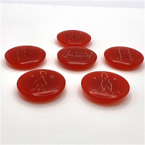 Set of six “School Days red Bakelite buttons.