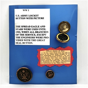 Card with three US Army buttons including one as a locket with photo inside.