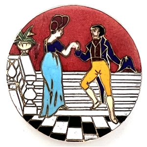 Champlevé enamel button of woman and man from the opera “Madame Sans Gene."