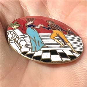 Champlevé enamel button of woman and man from the opera “Madame Sans Gene.