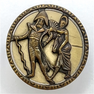 Brass button with painted background of Incroyable and Merveilleuse Fops. 