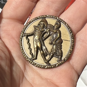 Brass button with painted background of Incroyable and Merveilleuse Fops. 