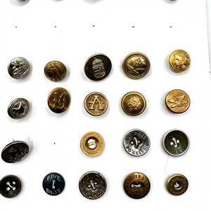 Two cards of 102 steel, brass and other metal buttons. 